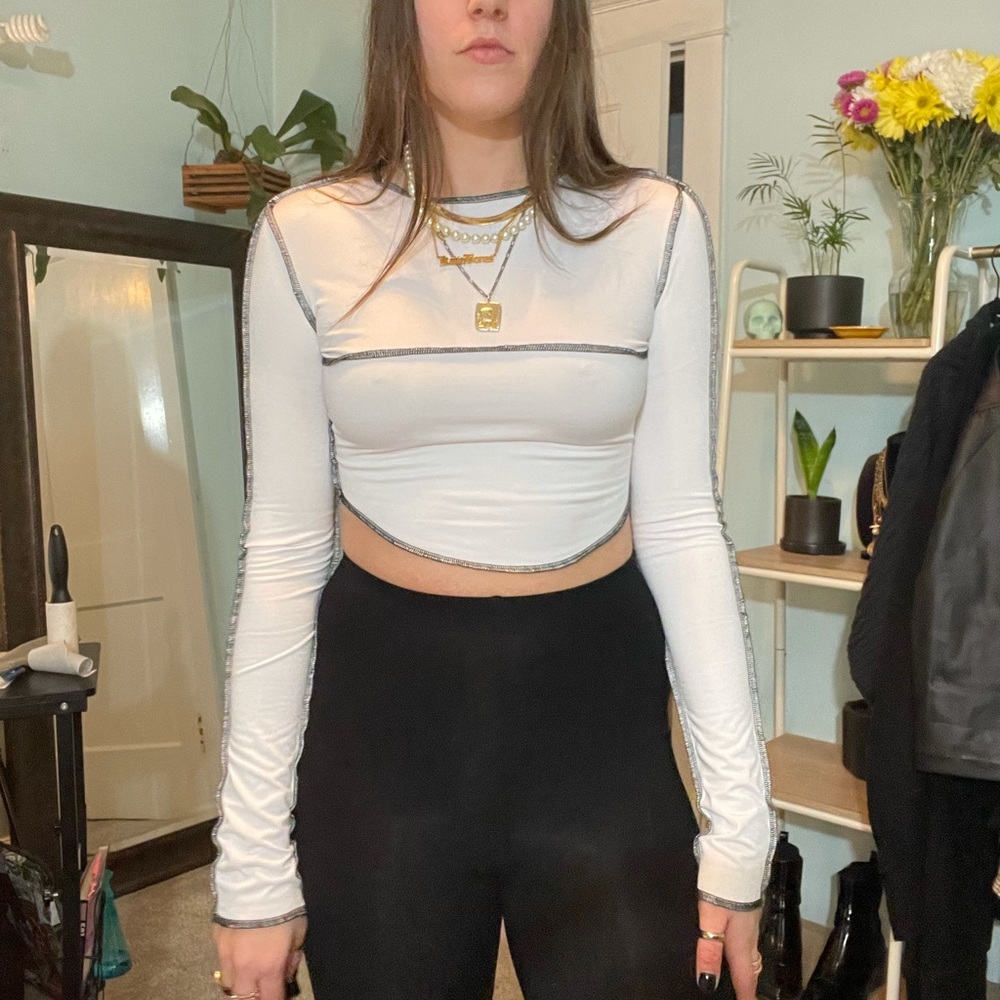 White Long Sleeved Top with Black Stitch